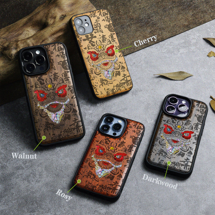 Chinese Lion, Hand-Inlaid Wood & Mother of Pearl Case - Artisanal Cover for Apple iPhone