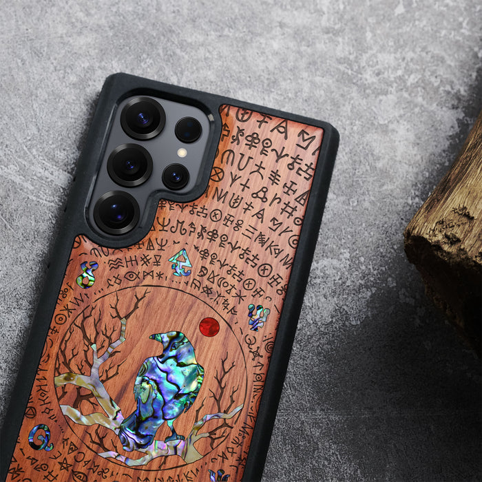 Whispers of the Enigma, Hand-Inlaid Wood & Mother of Pearl Case - Artisanal Cover for Samsung Galaxy