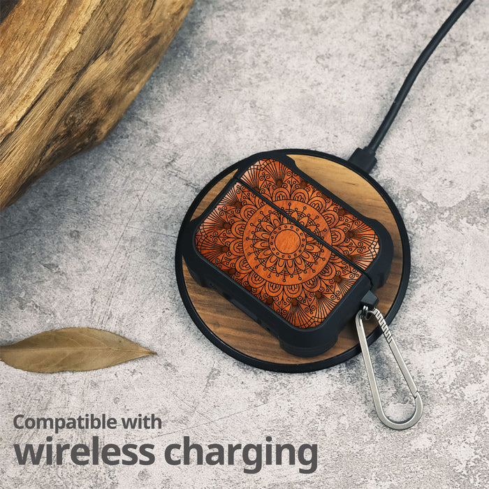 Bloom Mandala - Wood Artisan Engraved & Shell Hand-Inlaid Cover - Artisanal Case for Apple AirPods (Titanium Quick Released Clasp)