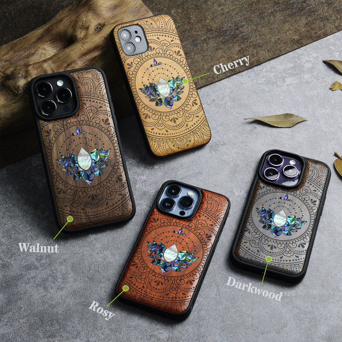 Lotus Mandala Essence, Hand-Inlaid Wood & Mother of Pearl Case - Artisanal Cover for Apple iPhone