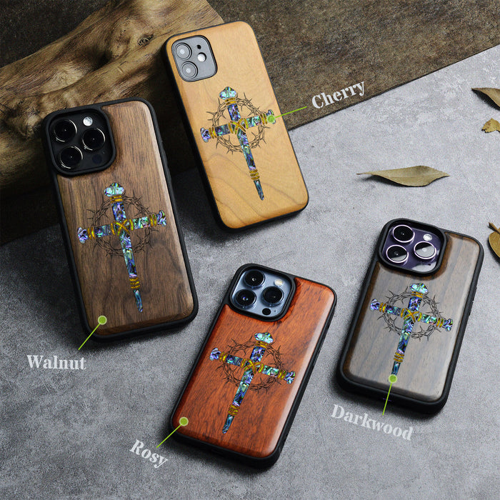 Crucifix Nails, Hand-Inlaid Wood & Mother of Pearl Case - Artisanal Cover for Apple iPhone