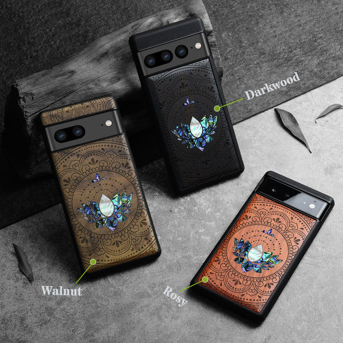 Lotus Mandala Essence, Hand-Inlaid Wood & Mother of Pearl Case - Artisanal Cover for Google Pixel