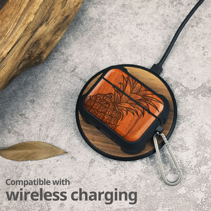 The Pineapple Fruit Design - Wood Artisan Engraved & Shell Hand-Inlaid Cover - Artisanal Case for Apple AirPods (Titanium Quick Released Clasp)