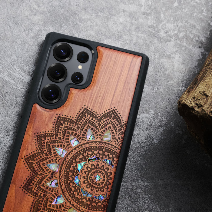 The Half Mandala Lace Art, Hand-Inlaid Wood & Mother of Pearl Case - Artisanal Cover for Samsung Galaxy