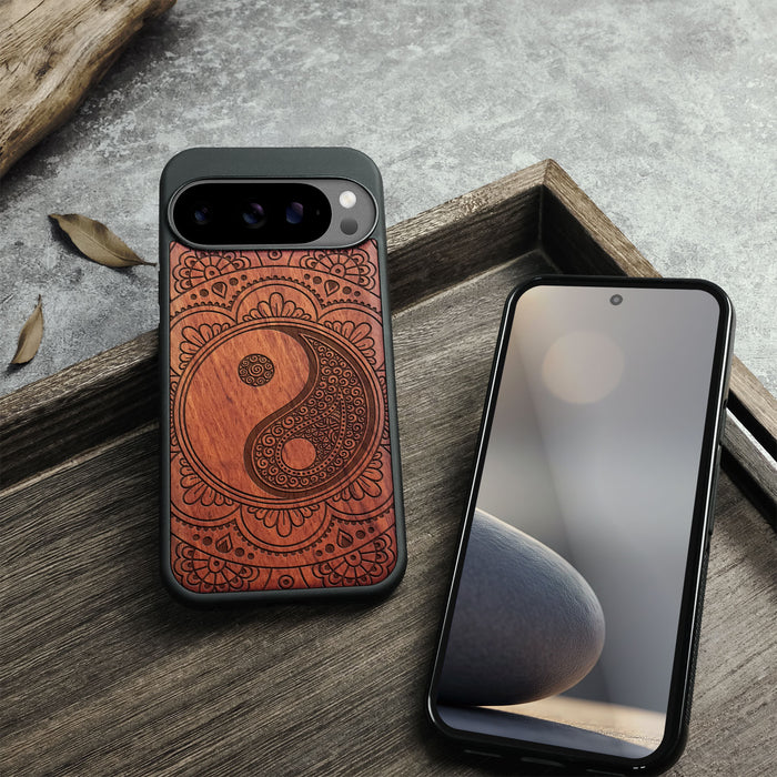 Yin Mandala, Classic Engraved Wood & TPU Case - Artisanal Cover for Google Pixel