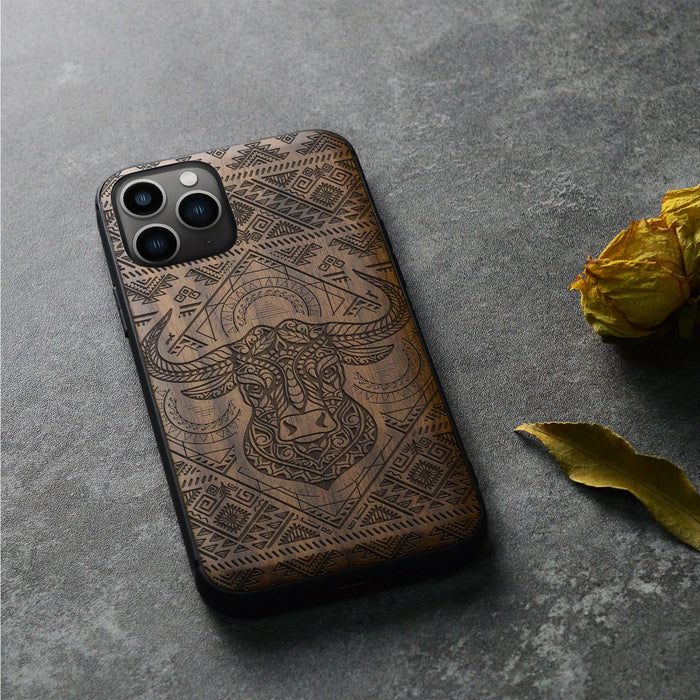 The Sacred Bovine, Classic Engraved Wood & TPU Case - Artisanal Cover for Apple iPhone