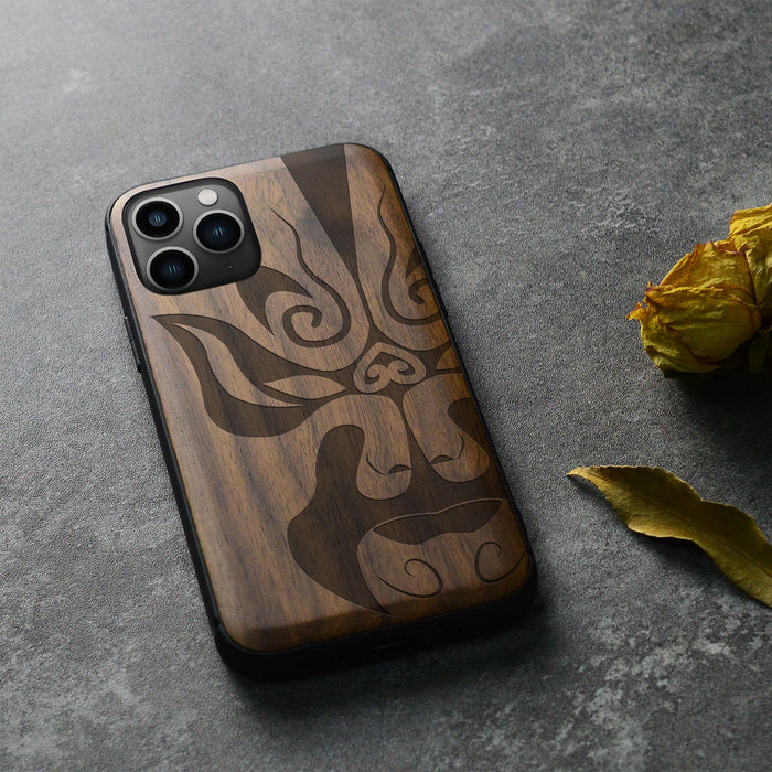 The Chinese Opera Mask, Classic Engraved Wood & TPU Case - Artisanal Cover for Apple iPhone