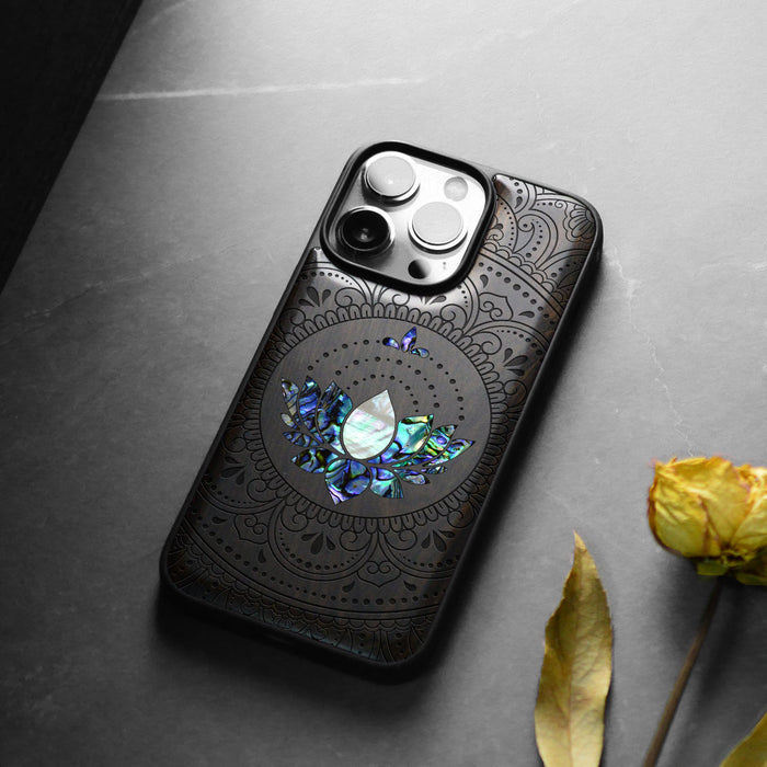 Lotus Mandala Essence, Hand-Inlaid Wood & Mother of Pearl Case - Artisanal Cover for Apple iPhone