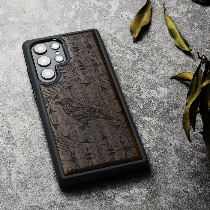 The Zentangle Crow, Classic Engraved Wood & TPU Case - Artisanal Cover for Samsung Galaxy