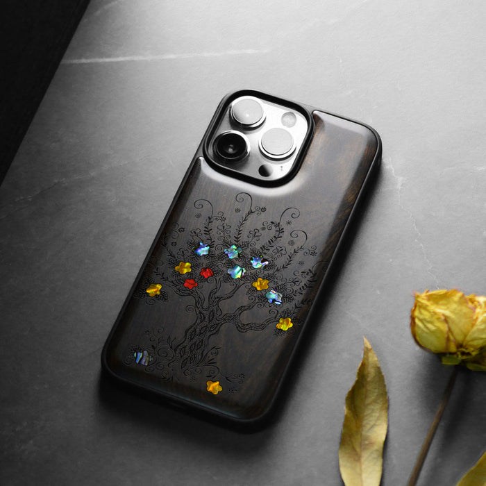 Enchanted Blossom Tree, Hand-Inlaid Wood & Mother of Pearl Case - Artisanal Cover for Apple iPhone