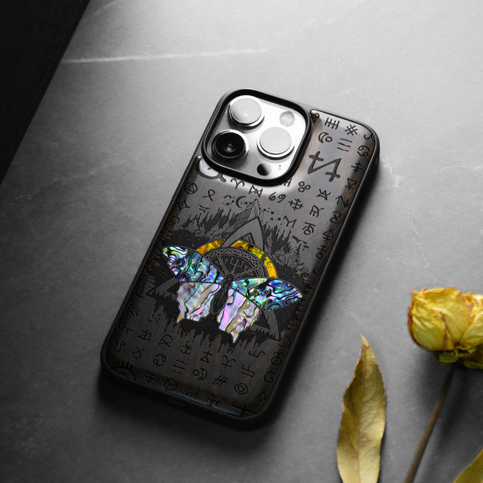 Celtic Butterfly, Hand-Inlaid Wood & Mother of Pearl Case - Artisanal Cover for Apple iPhone