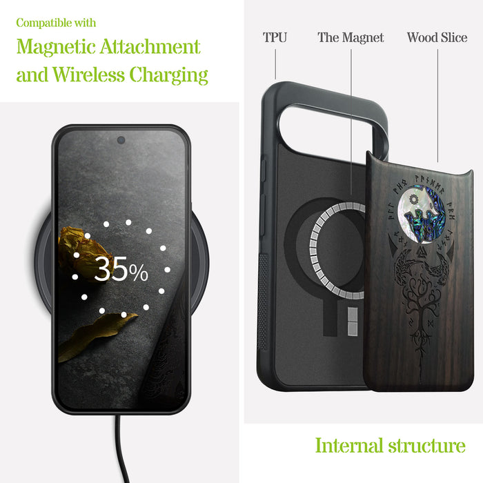 Vegvísir, Ravens, and Yggdrasil, Hand-Inlaid Wood & Mother of Pearl Case - Artisanal Cover for Google Pixel