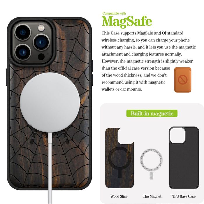 Elegant Webbed Wonder, Classic Engraved Wood & TPU Case - Artisanal Cover for Apple iPhone