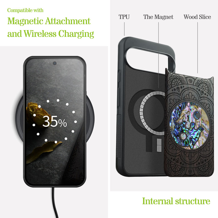 Yin-Yang Wolves Amidst Paisley, Hand-Inlaid Wood & Mother of Pearl Case - Artisanal Cover for Google Pixel