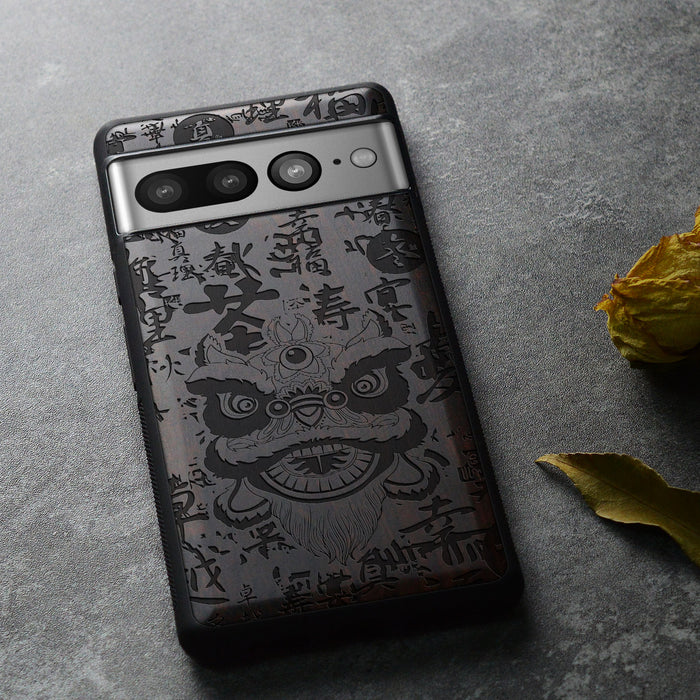 Chinese Lion Dance Head Auspicious, Classic Engraved Wood & TPU Case - Artisanal Cover for Google Pixel