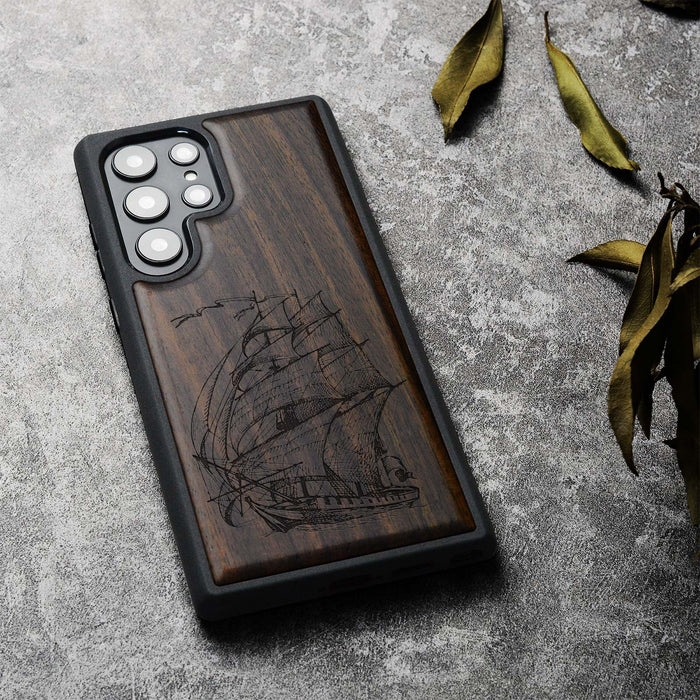 Pirate Ship Line Work, Classic Engraved Wood & TPU Case - Artisanal Cover for Samsung Galaxy