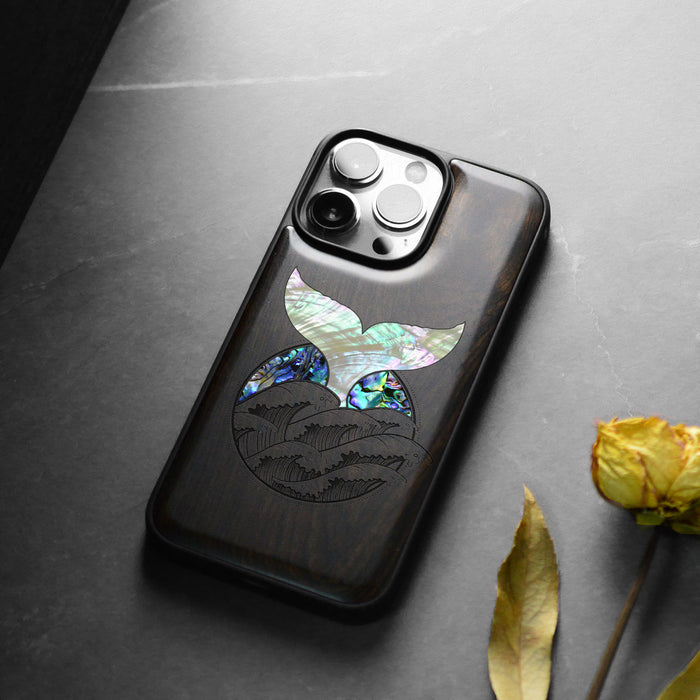 The Whale's Tail, Hand-Inlaid Wood & Mother of Pearl Case - Artisanal Cover for Apple iPhone