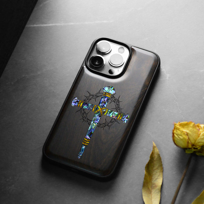 Crucifix Nails, Hand-Inlaid Wood & Mother of Pearl Case - Artisanal Cover for Apple iPhone