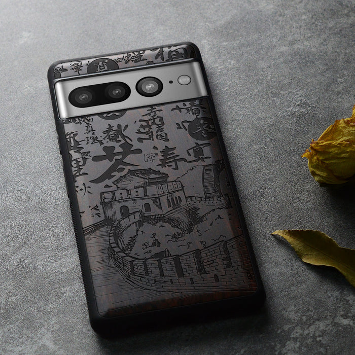 Hand Drawn Great Wall of China, Classic Engraved Wood & TPU Case - Artisanal Cover for Google Pixel