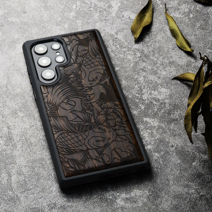 Flowing Harmony, Classic Engraved Wood & TPU Case - Artisanal Cover for Samsung Galaxy