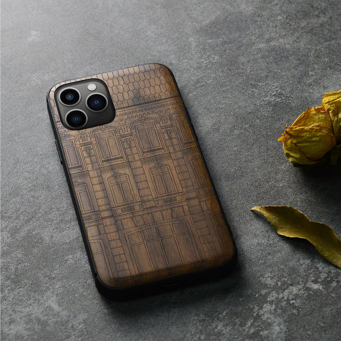 A Three-Storey Architectural Linework Art, Classic Engraved Wood & TPU Case - Artisanal Cover for Apple iPhone