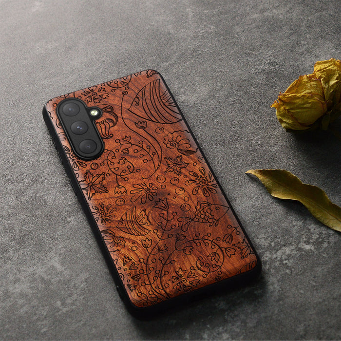 Seamless Linework of Oceanic Life, Classic Engraved Wood & TPU Case - Artisanal Cover for Samsung Galaxy