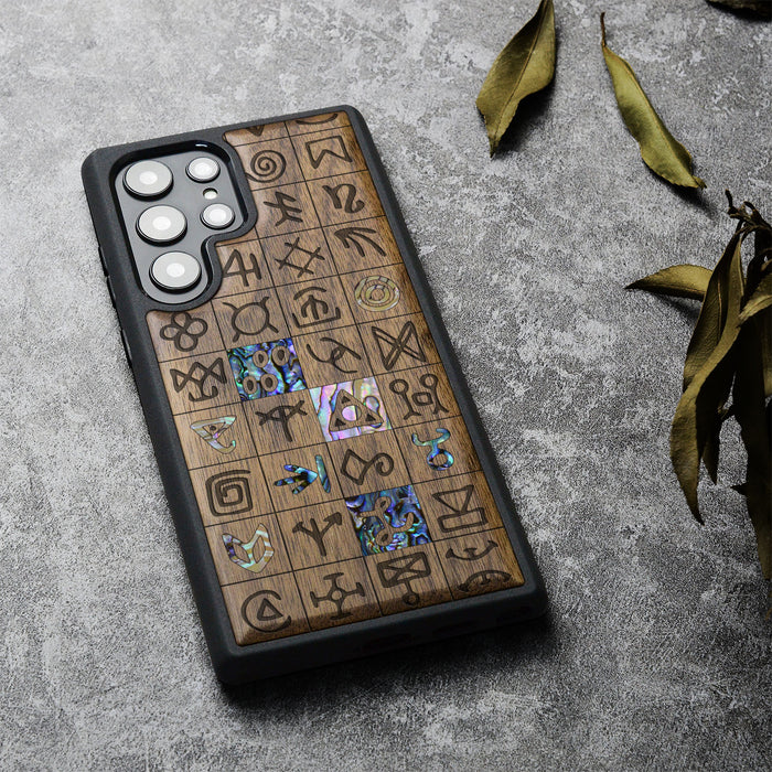 Mystical Runes, Hand-Inlaid Wood & Mother of Pearl Case - Artisanal Cover for Samsung Galaxy