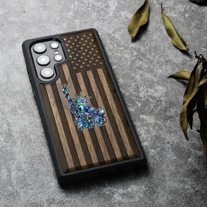 Statue of Liberty and Flag, Hand-Inlaid Wood & Mother of Pearl Case - Artisanal Cover for Samsung Galaxy