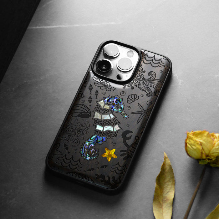 An Aquatic Symphony, Hand-Inlaid Wood & Mother of Pearl Case - Artisanal Cover for Apple iPhone