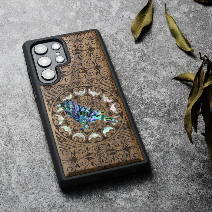 The Zentangle Crow, Hand-Inlaid Wood & Mother of Pearl Case - Artisanal Cover for Samsung Galaxy