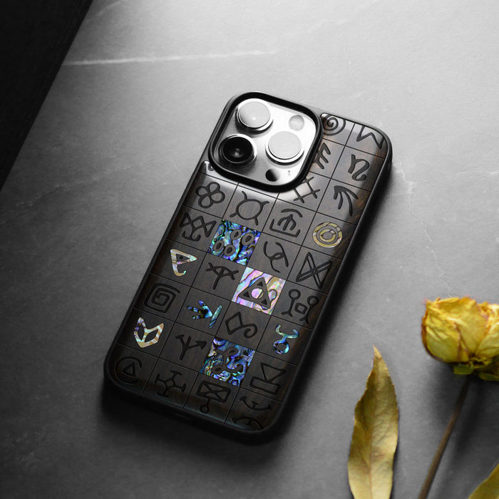 Mystical Runes, Hand-Inlaid Wood & Mother of Pearl Case - Artisanal Cover for Apple iPhone