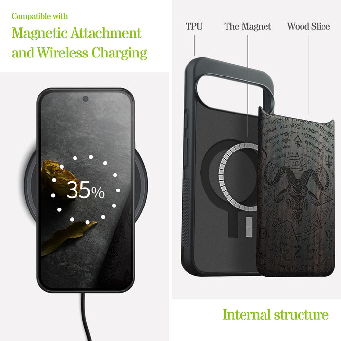 The Horned Goat in Octagonal Star, Classic Engraved Wood & TPU Case - Artisanal Cover for Google Pixel