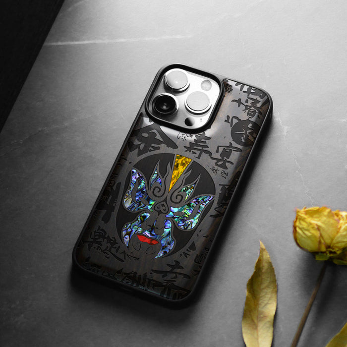 The Chinese Opera Mask, Hand-Inlaid Wood & Mother of Pearl Case - Artisanal Cover for Apple iPhone