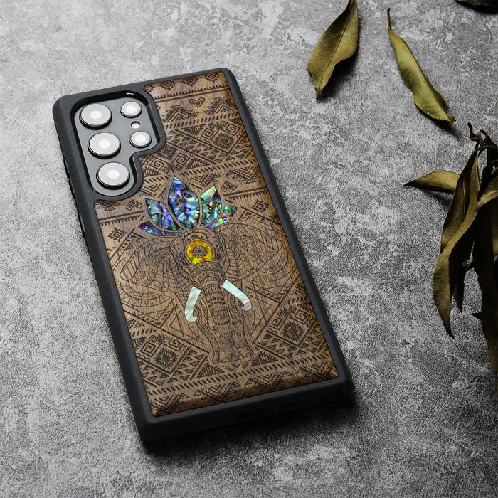 The African Elephant, Hand-Inlaid Wood & Mother of Pearl Case - Artisanal Cover for Samsung Galaxy