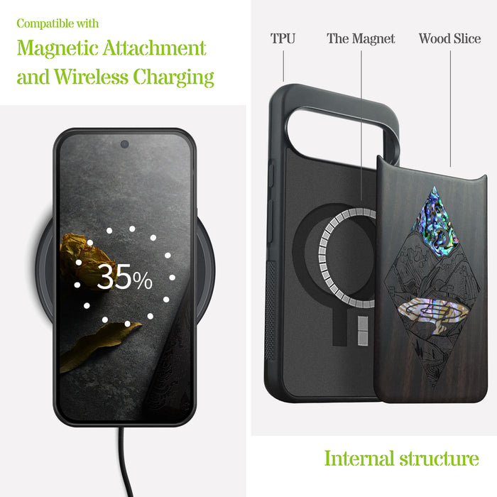 A Glimpse into the Starlit Wilderness, Hand-Inlaid Wood & Mother of Pearl Case - Artisanal Cover for Google Pixel