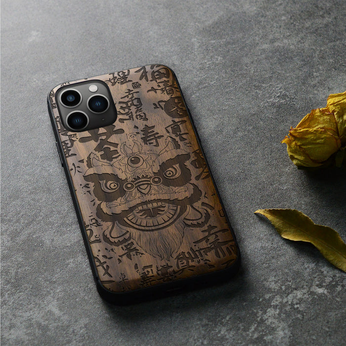 Chinese Lion Dance, Classic Engraved Wood & TPU Case - Artisanal Cover for Apple iPhone