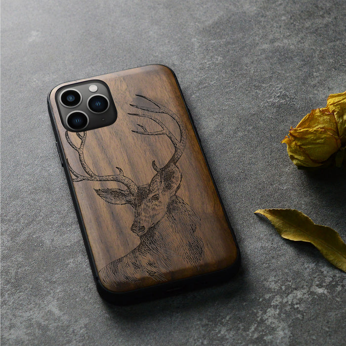 The Half-Length Deer Linework Art, Classic Engraved Wood & TPU Case - Artisanal Cover for Apple iPhone