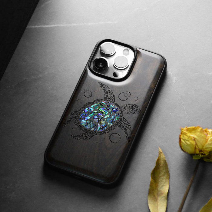 The Maori Turtle, Hand-Inlaid Wood & Mother of Pearl Case - Artisanal Cover for Apple iPhone