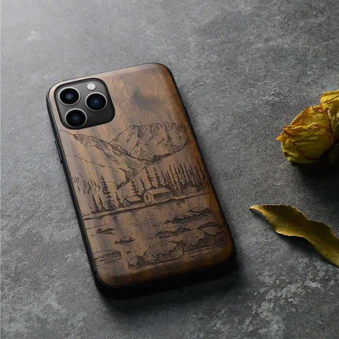 Mountains, Lake, and Village Life, Classic Engraved Wood & TPU Case - Artisanal Cover for Apple iPhone