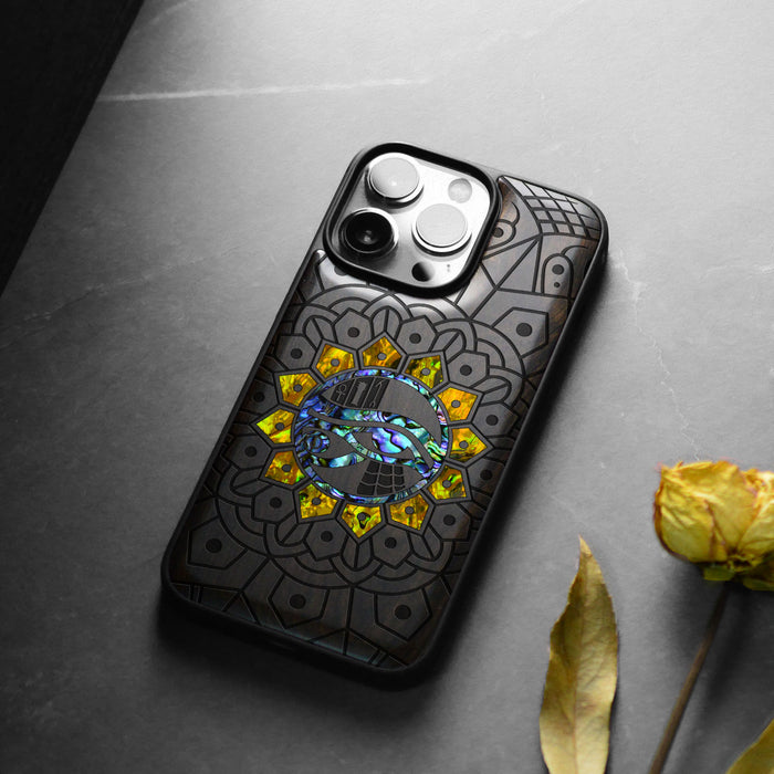 Eternal Horus Mandala, Hand-Inlaid Wood & Mother of Pearl Case - Artisanal Cover for Apple iPhone