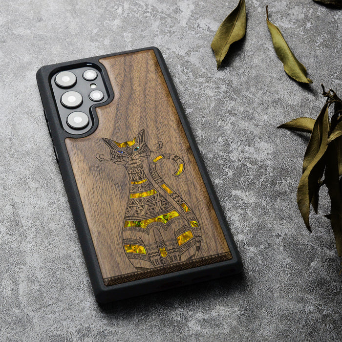 Tribal Cat Art, Hand-Inlaid Wood & Mother of Pearl Case - Artisanal Cover for Samsung Galaxy