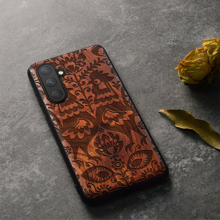 Polish Folk Art with Roosters and Florals, Classic Engraved Wood & TPU Case - Artisanal Cover for Samsung Galaxy