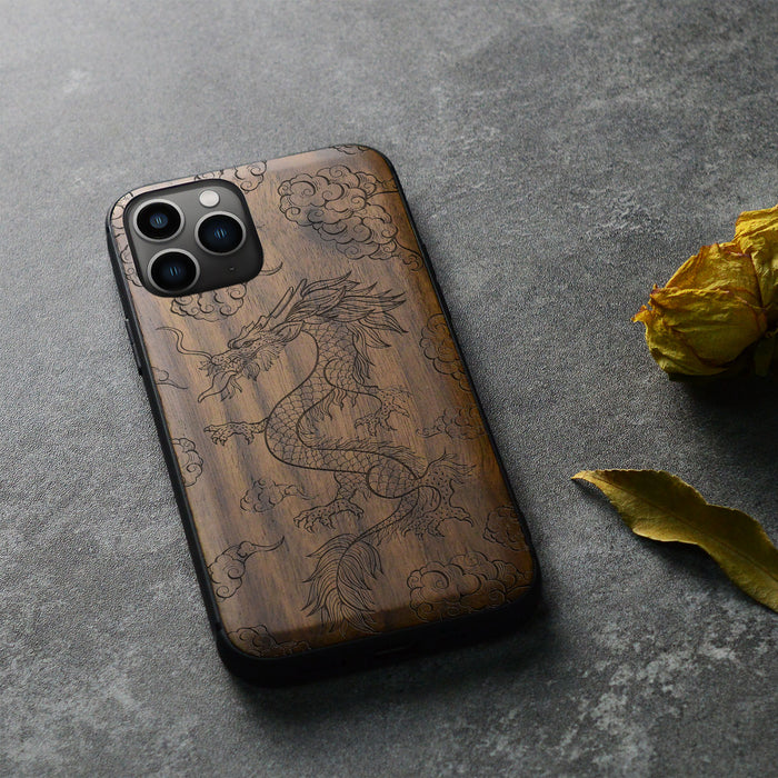 The Dragon's Ascent, Classic Engraved Wood & TPU Case - Artisanal Cover for Apple iPhone