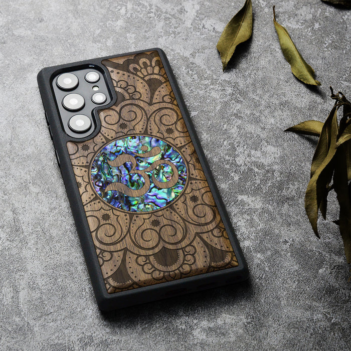 Eternal Om Mandala, Hand-Inlaid Wood & Mother of Pearl Case - Artisanal Cover for Samsung Galaxy