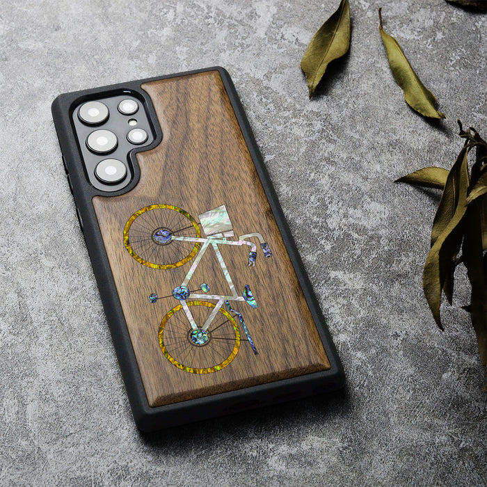 Classic Bicycle Silhouette, Hand-Inlaid Wood & Mother of Pearl Case - Artisanal Cover for Samsung Galaxy