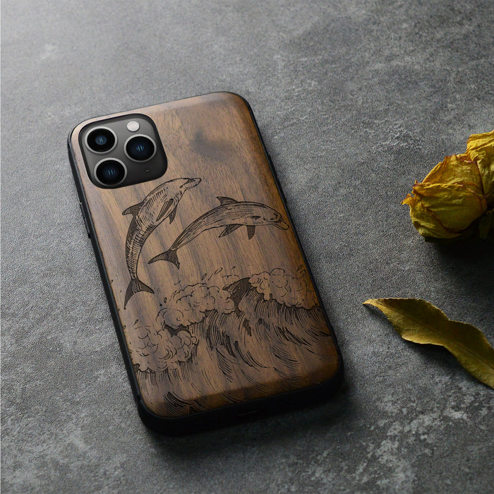 Dual Dolphins in the Waves, Classic Engraved Wood & TPU Case - Artisanal Cover for Apple iPhone