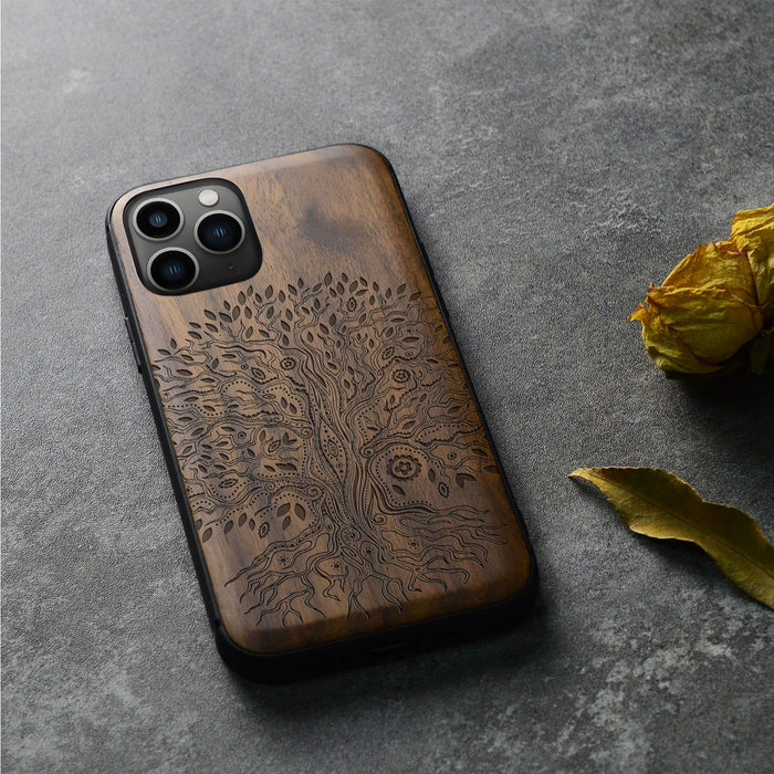 The Line Art Tree of Life, Classic Engraved Wood & TPU Case - Artisanal Cover for Apple iPhone