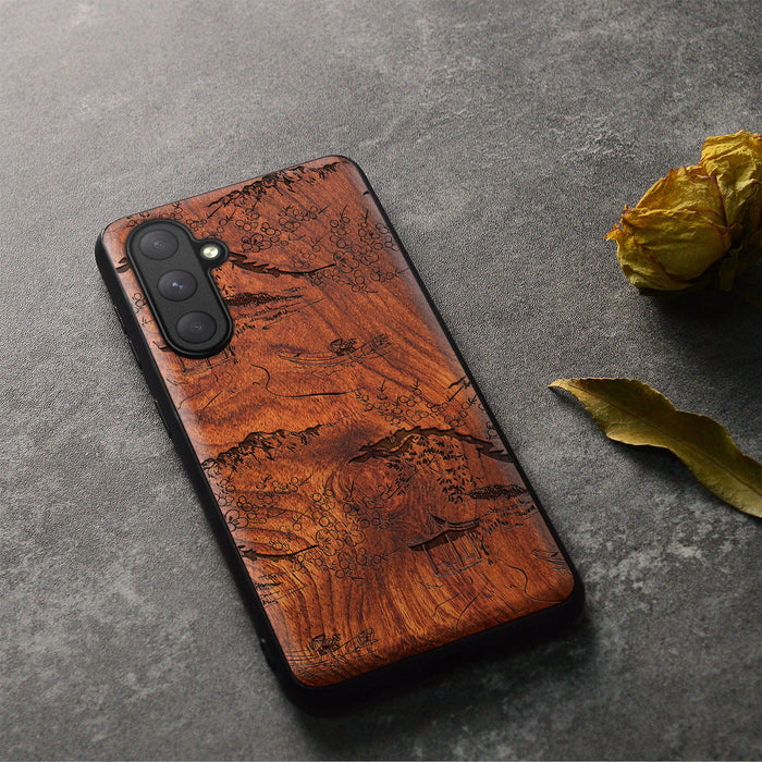 A Captivating Chinese Landscape, Classic Engraved Wood & TPU Case - Artisanal Cover for Samsung Galaxy