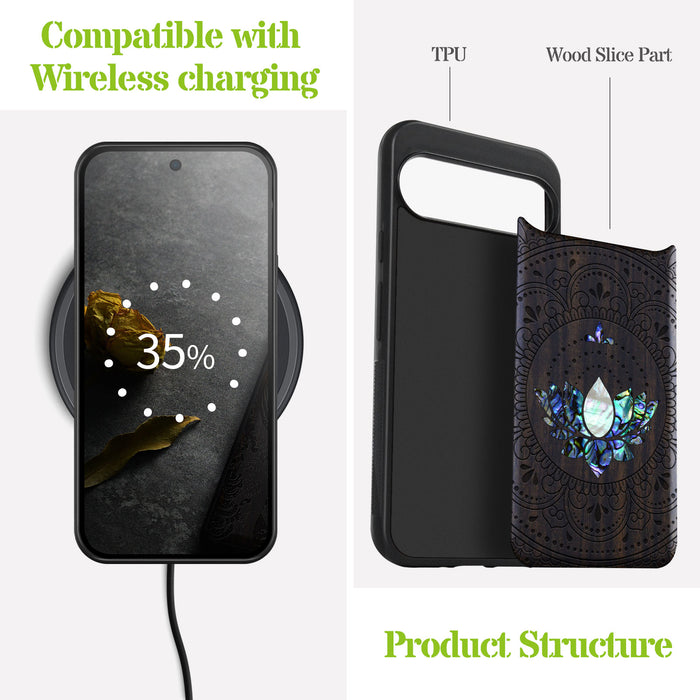 Lotus Mandala Essence, Hand-Inlaid Wood & Mother of Pearl Case - Artisanal Cover for Google Pixel