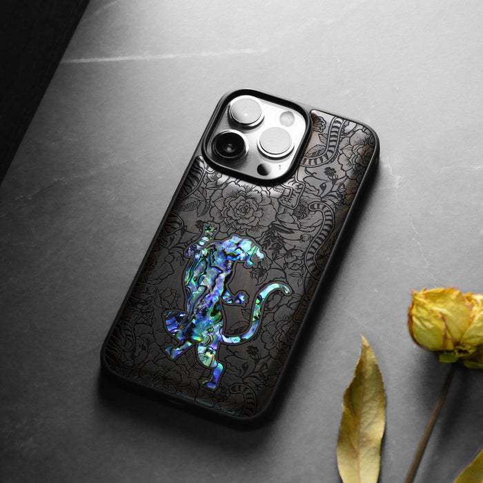 A Tiger Amidst Flowers, Hand-Inlaid Wood & Mother of Pearl Case - Artisanal Cover for Apple iPhone